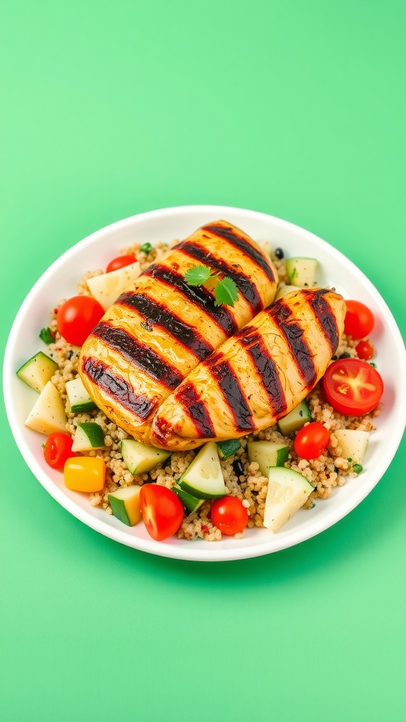 Grilled lemon herb chicken with quinoa salad on a plate, garnished with fresh herbs.